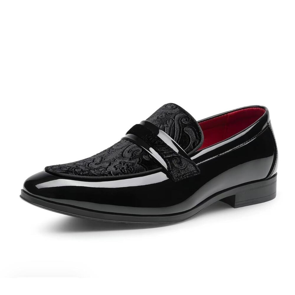 Black leather loafers with red interior.